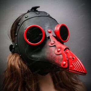 Black Steampunk Plague Doctor w/ RED Goggle Short Bird Beak Halloween Party Mask